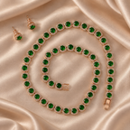 Emerald Green Halo Tennis Necklace and Earrings Set