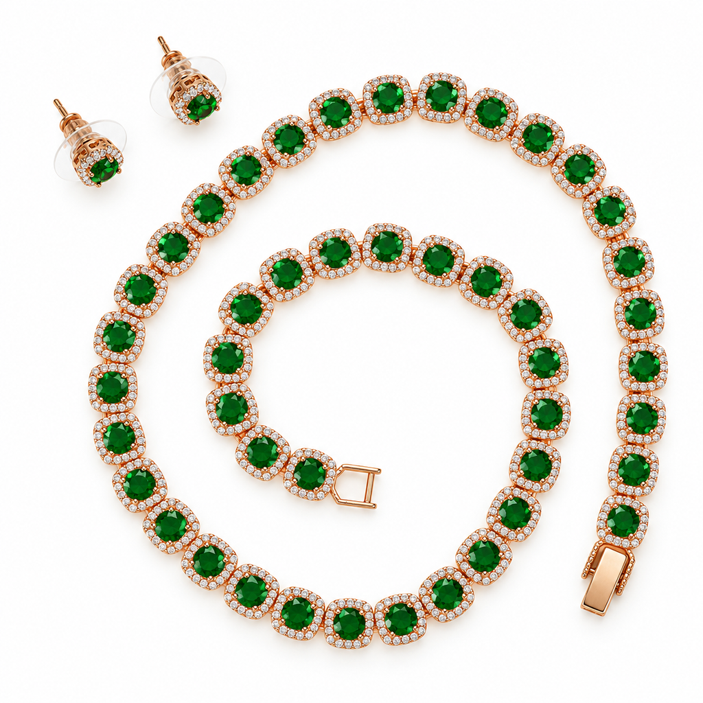 Emerald Green Halo Tennis Necklace and Earrings Set