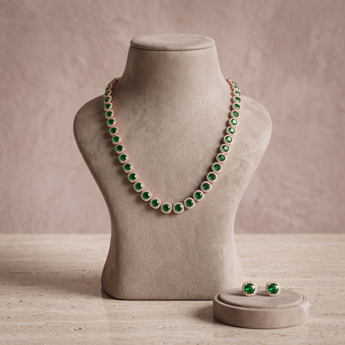 Emerald Green Halo Tennis Necklace and Earrings Set