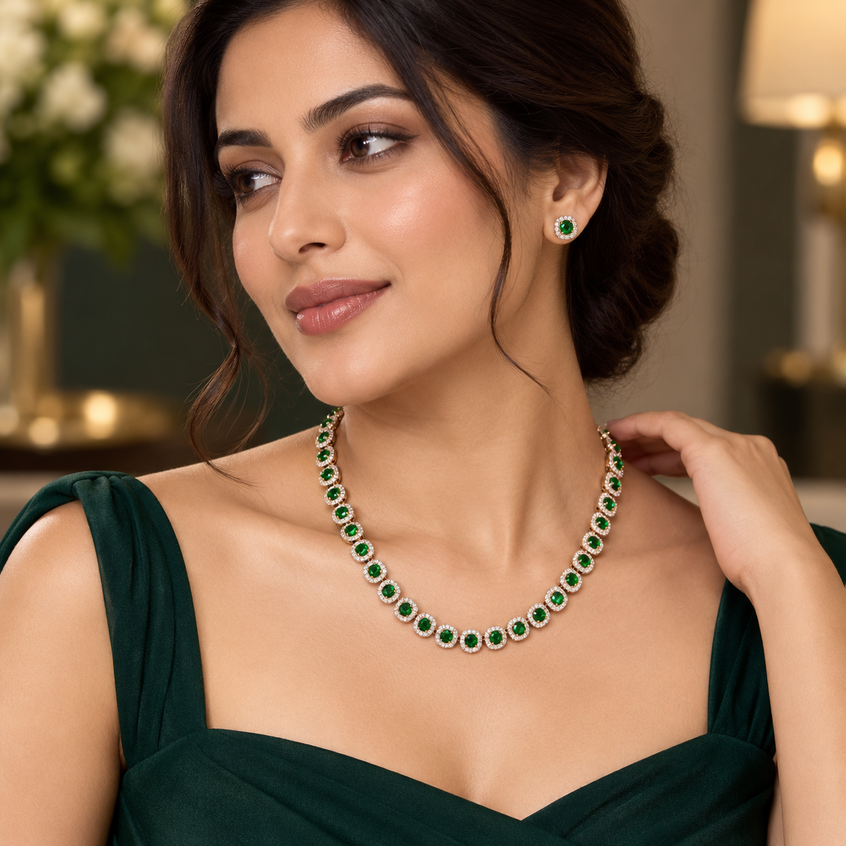 Emerald Green Halo Tennis Necklace and Earrings Set