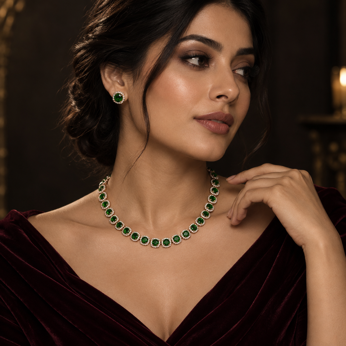 Emerald Green Halo Tennis Necklace and Earrings Set