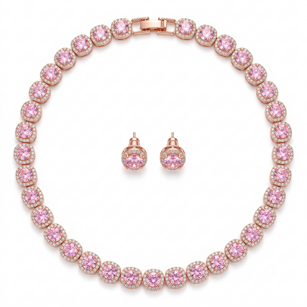 Blush Pink Cushion Halo Necklace and Earrings Set