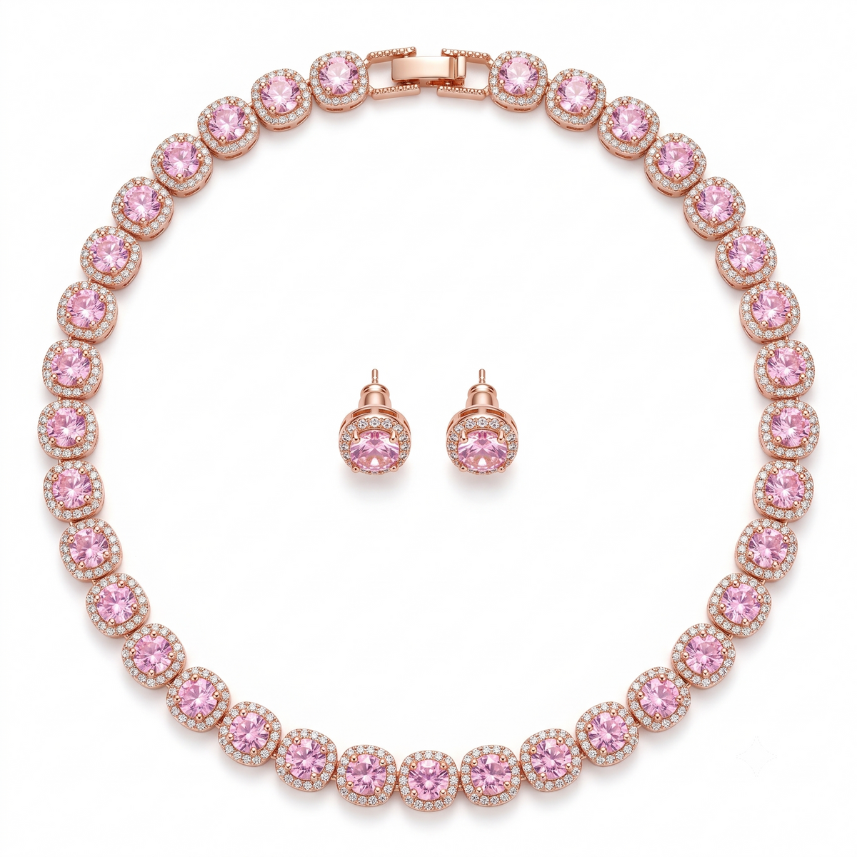 Blush Pink Cushion Halo Necklace and Earrings Set