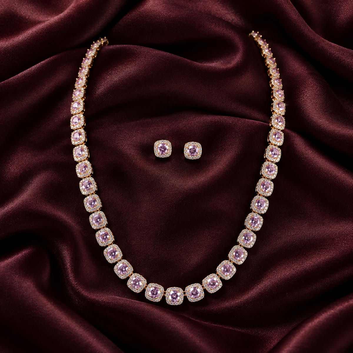Blush Pink Cushion Halo Necklace and Earrings Set