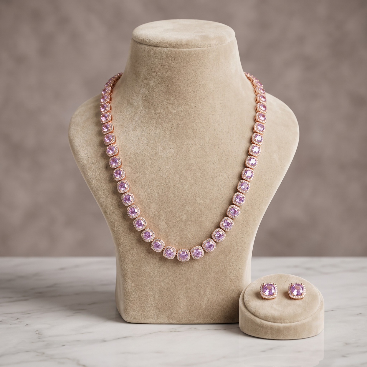 Blush Pink Cushion Halo Necklace and Earrings Set