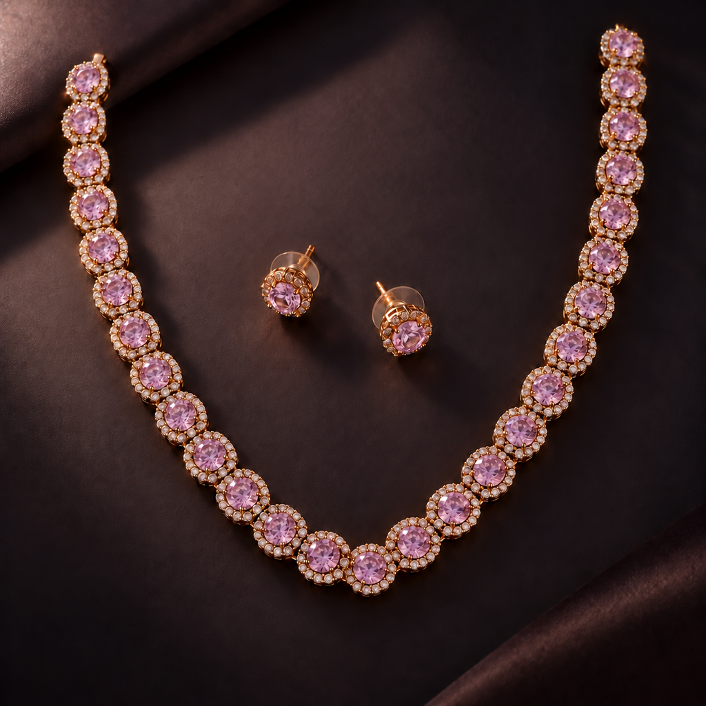 Blush Pink Cushion Halo Necklace and Earrings Set