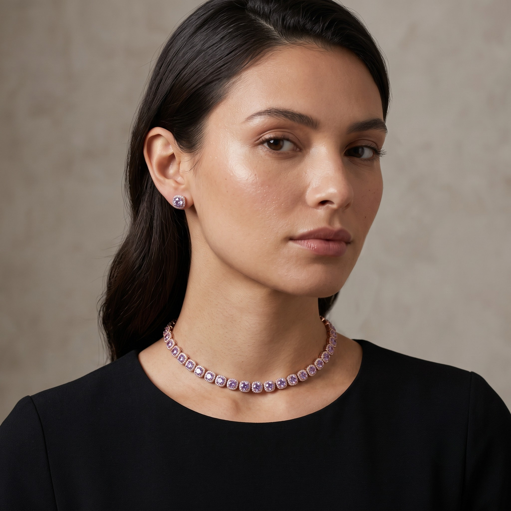 Blush Pink Cushion Halo Necklace and Earrings Set