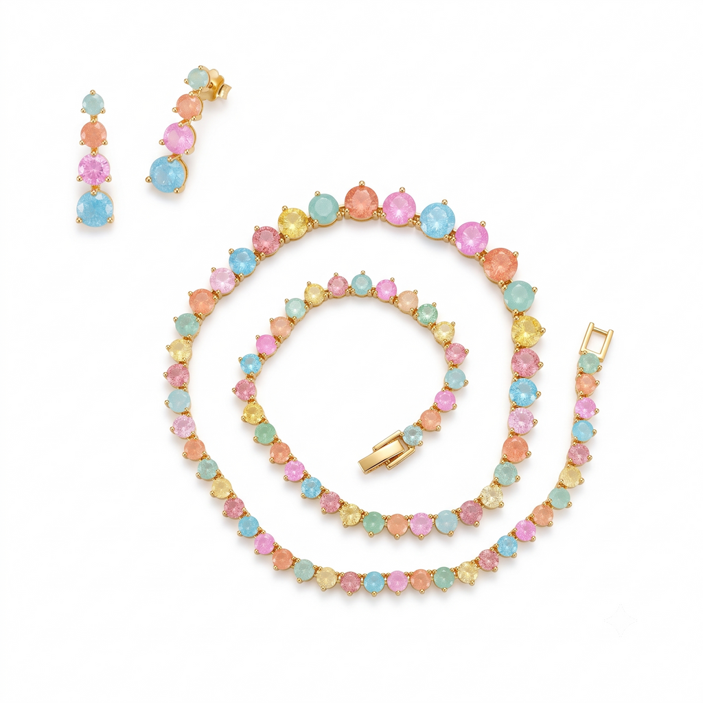 Pastel Multicolour Round Crystal Necklace and Earrings Set