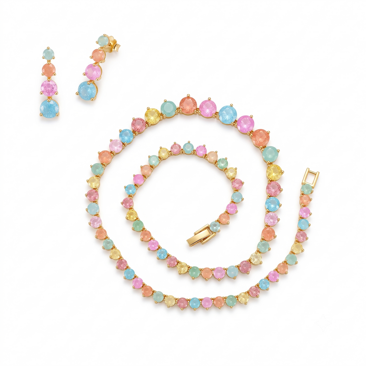 Pastel Multicolour Round Crystal Necklace and Earrings Set