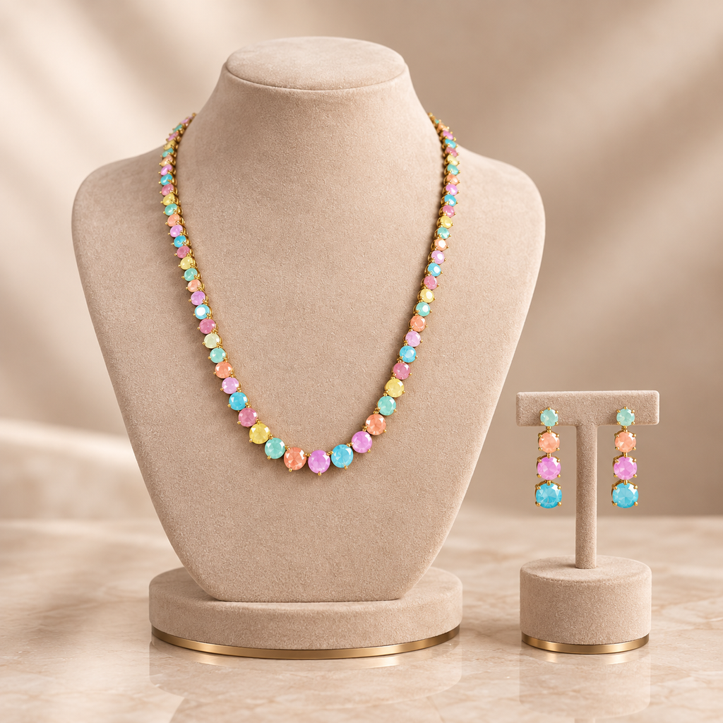 Pastel Multicolour Round Crystal Necklace and Earrings Set