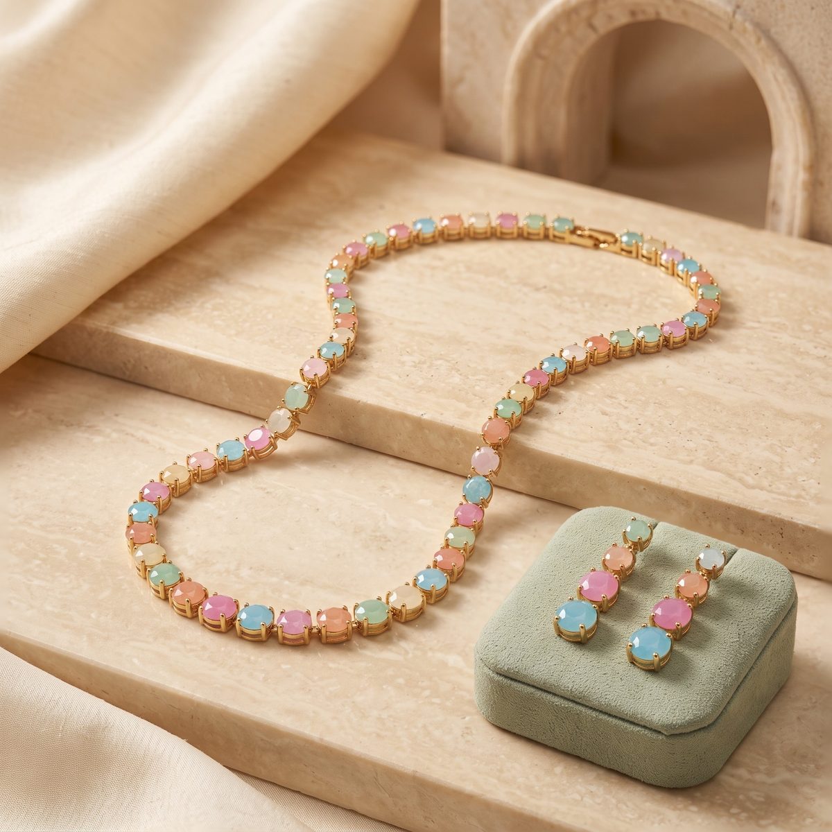 Pastel Multicolour Round Crystal Necklace and Earrings Set