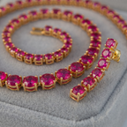 Ruby Pink Round Crystal Tennis Necklace and Earrings Set