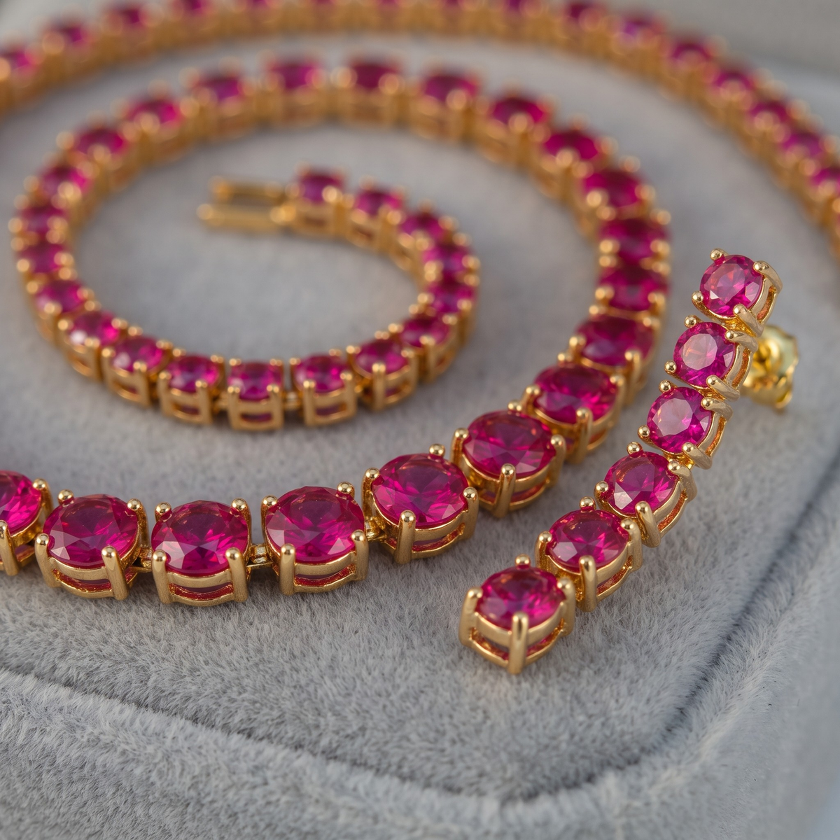 Ruby Pink Round Crystal Tennis Necklace and Earrings Set