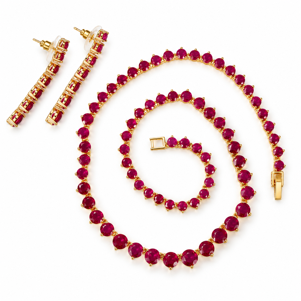 Ruby Pink Round Crystal Tennis Necklace and Earrings Set