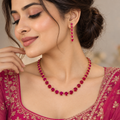 Ruby Pink Round Crystal Tennis Necklace and Earrings Set
