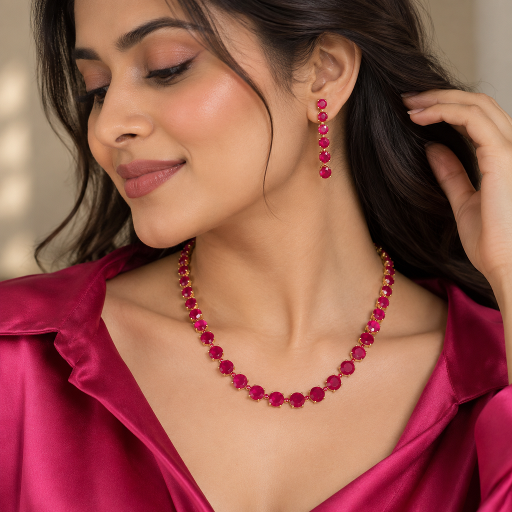 Ruby Pink Round Crystal Tennis Necklace and Earrings Set