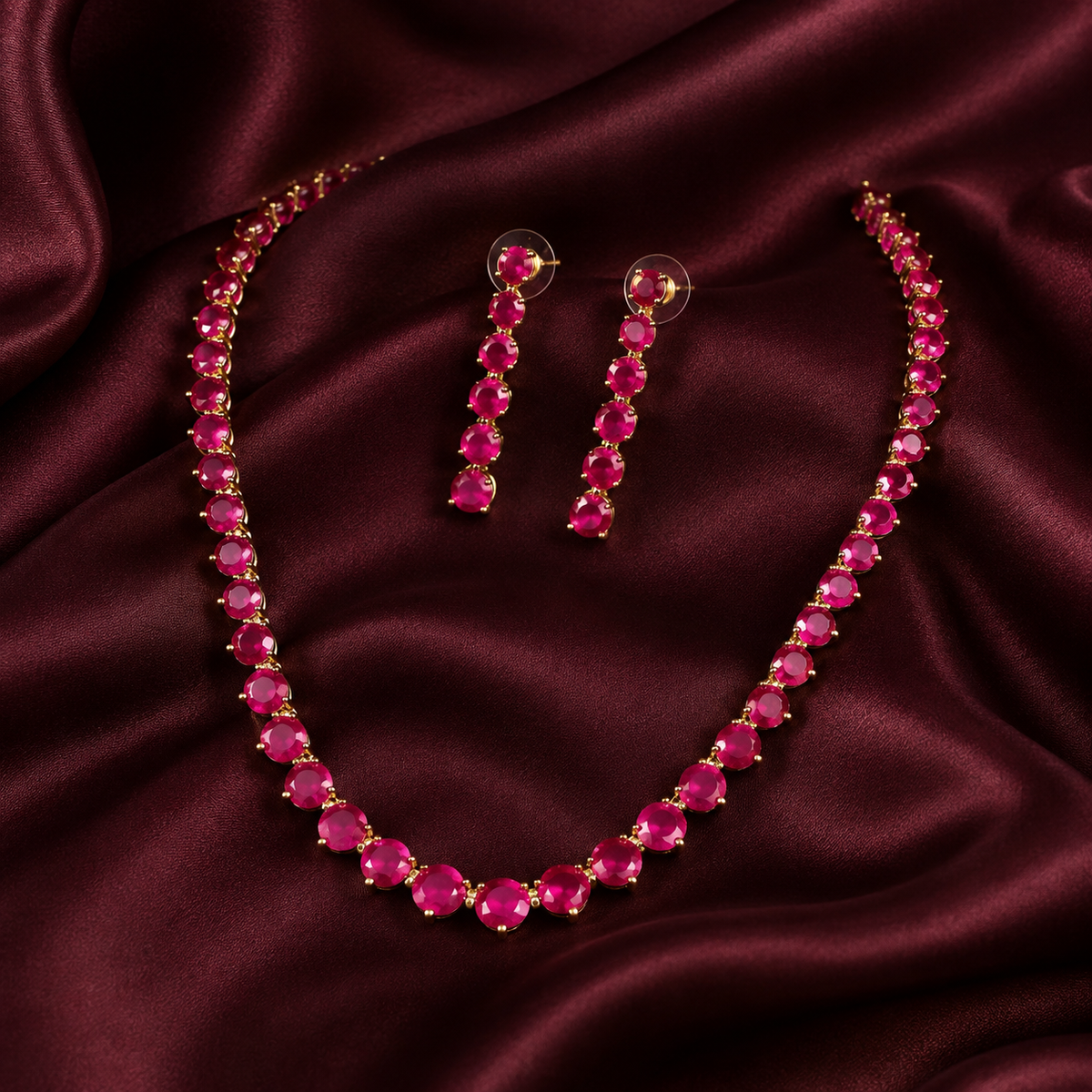 Ruby Pink Round Crystal Tennis Necklace and Earrings Set