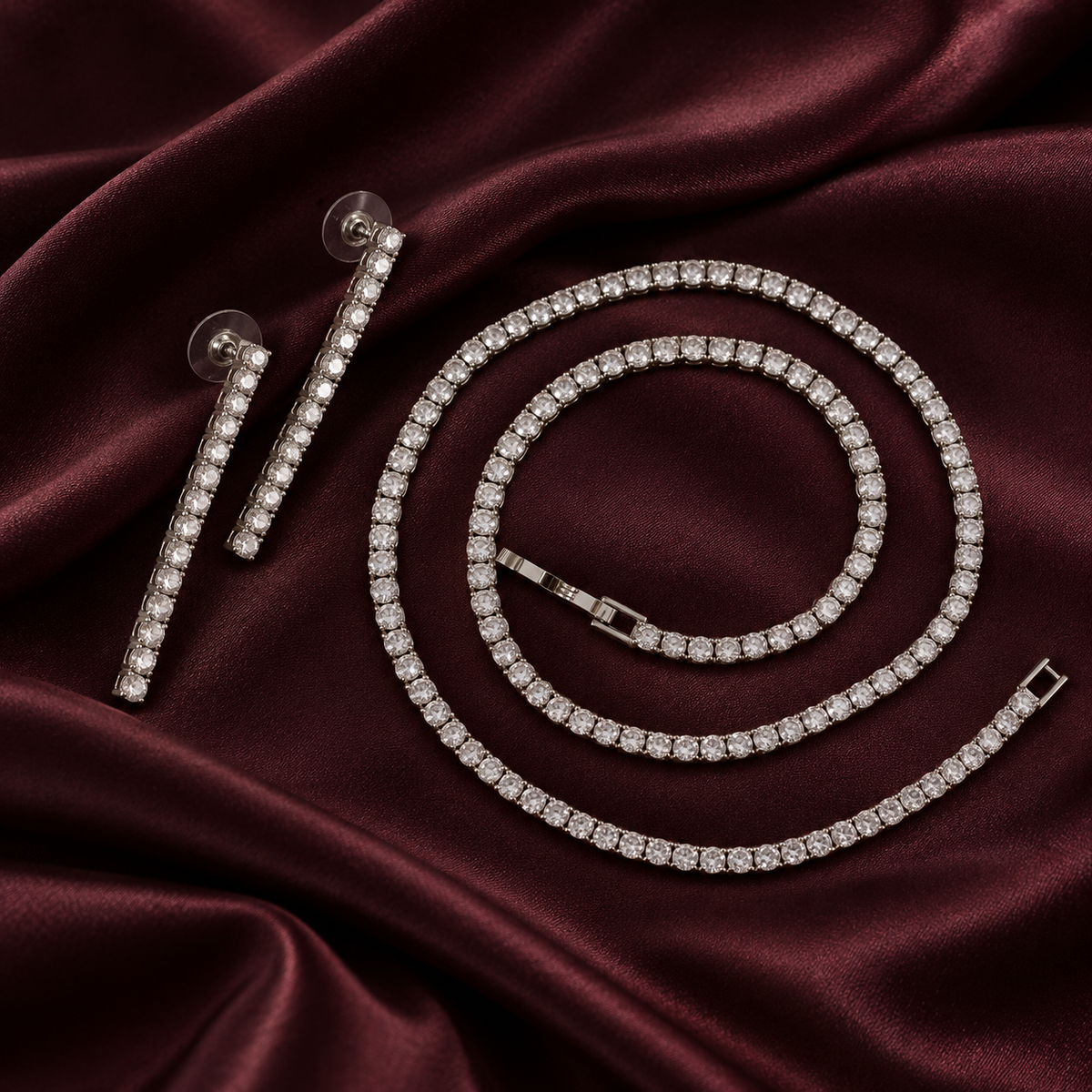 Classic White Crystal Tennis Necklace and Earrings Set