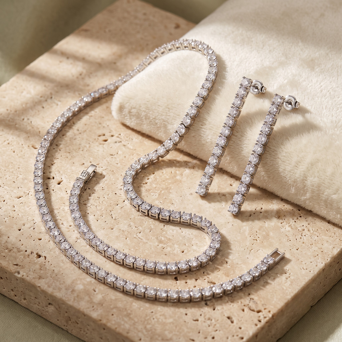 Classic White Crystal Tennis Necklace and Earrings Set