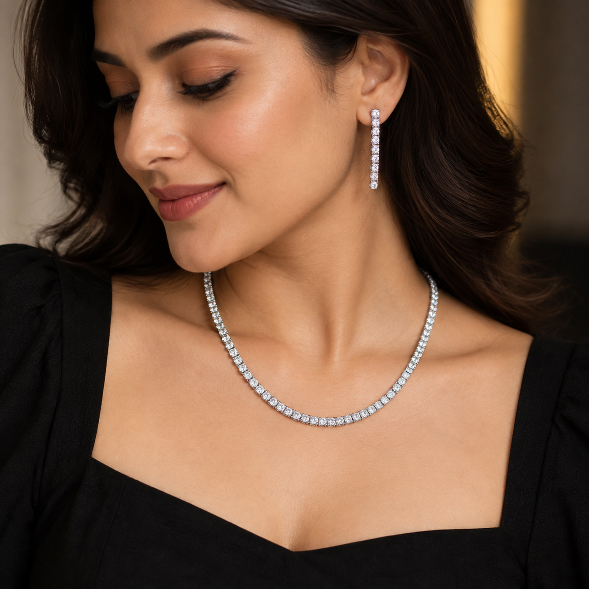 Classic White Crystal Tennis Necklace and Earrings Set