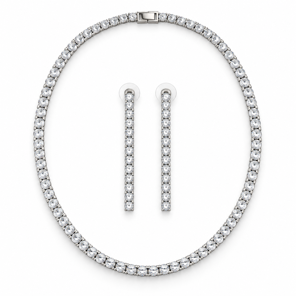 Classic White Crystal Tennis Necklace and Earrings Set