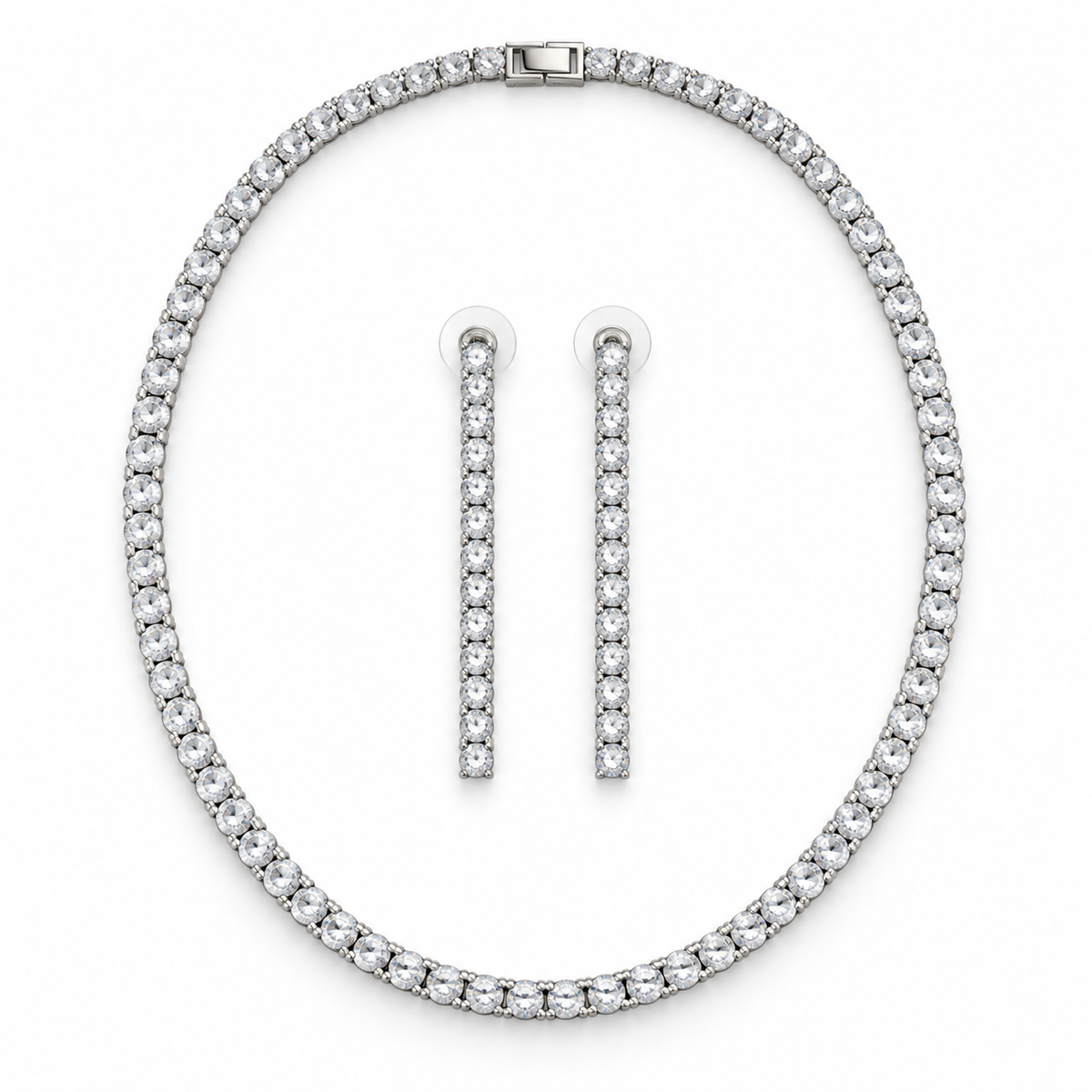 Classic White Crystal Tennis Necklace and Earrings Set