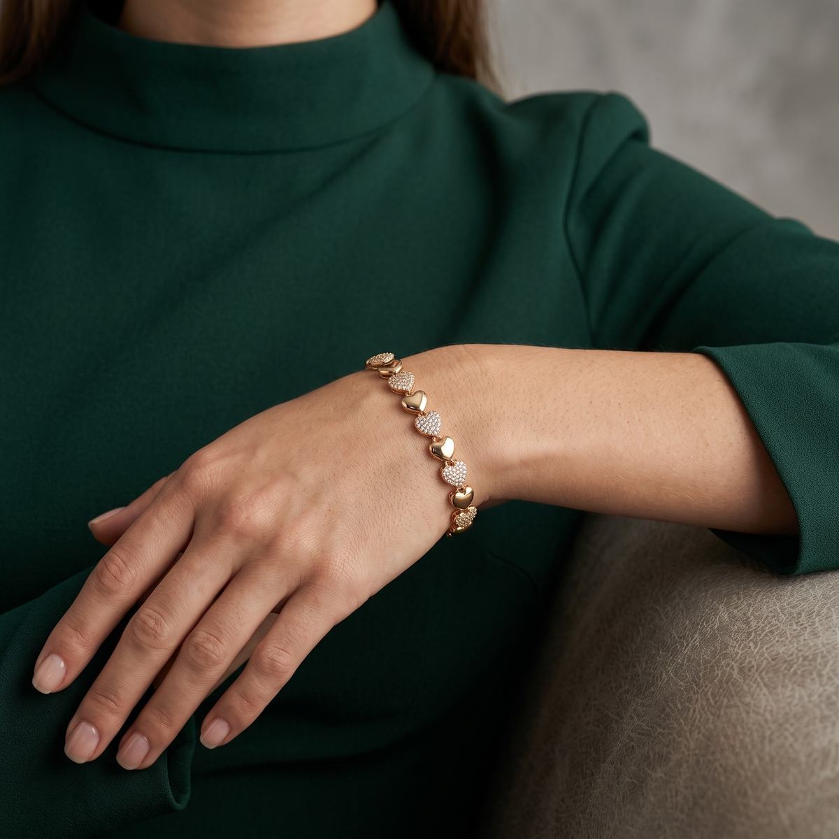 Polished & Sparkling Heart Link Gold-Tone Bracelet