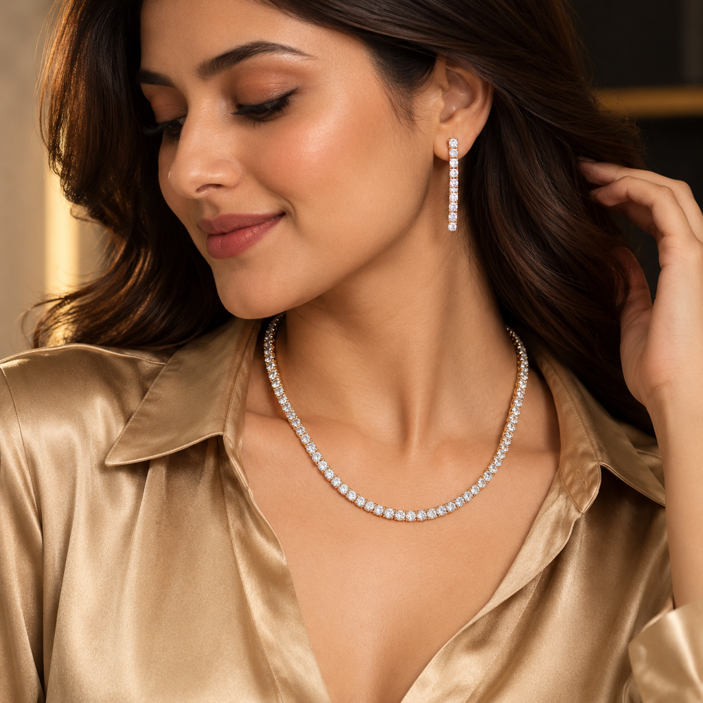 Classic White Crystal Gold-Tone Necklace and Earrings Set