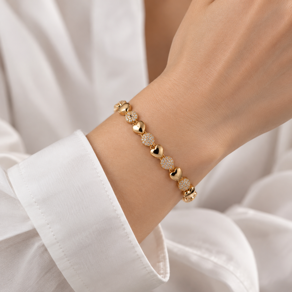 Polished & Sparkling Heart Link Gold-Tone Bracelet