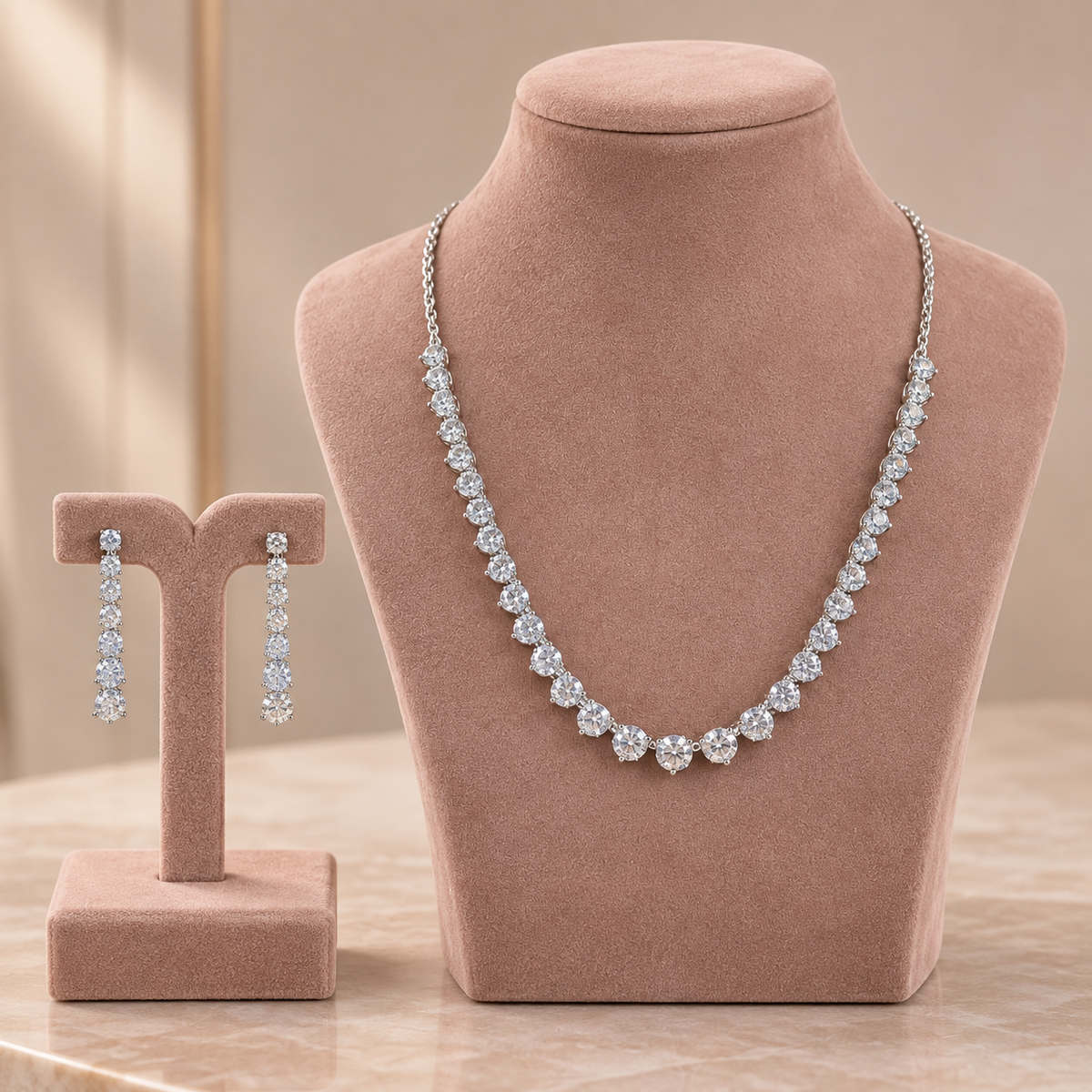 Graduated White Crystal Necklace and Earrings Set