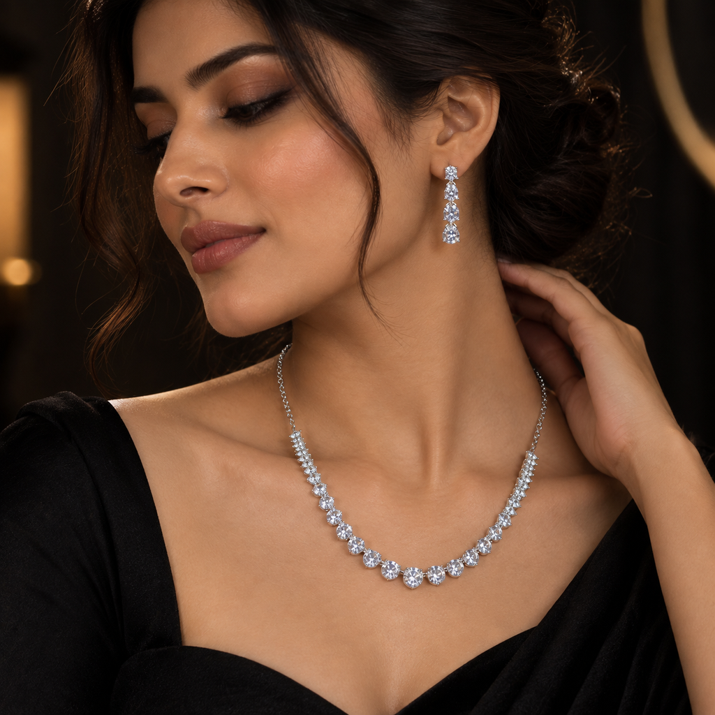 Graduated White Crystal Necklace and Earrings Set