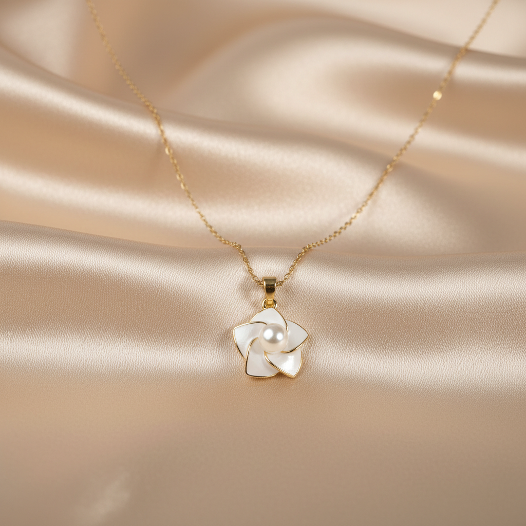 White Enamel Pearl Flower Necklace close up by SVORA