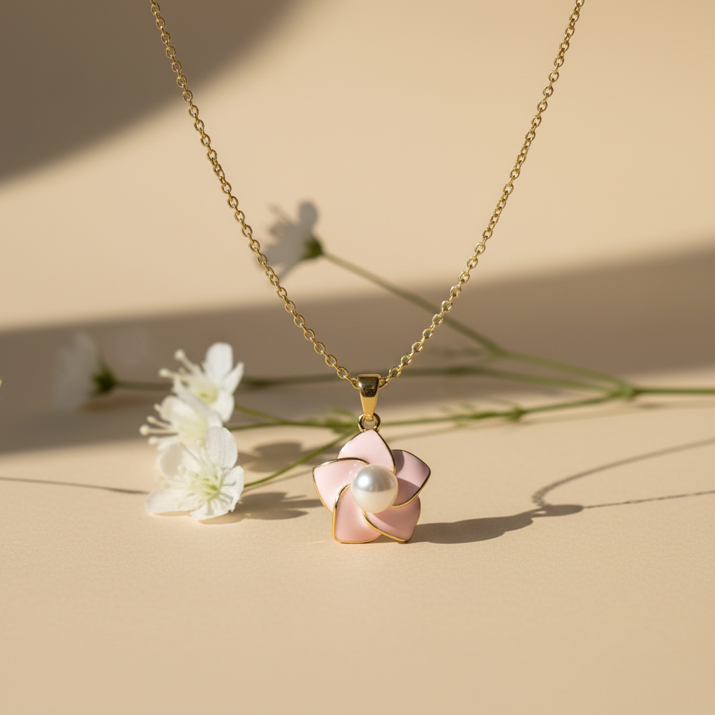 Pink Enamel Pearl Flower Necklace close-up by SVORA