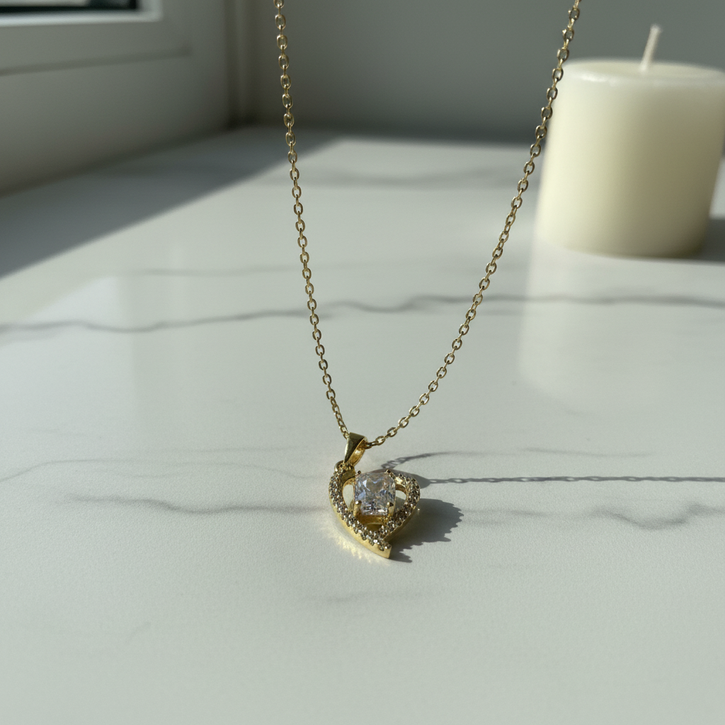 Heart Captured White Sapphire Necklace angle view by SVORA