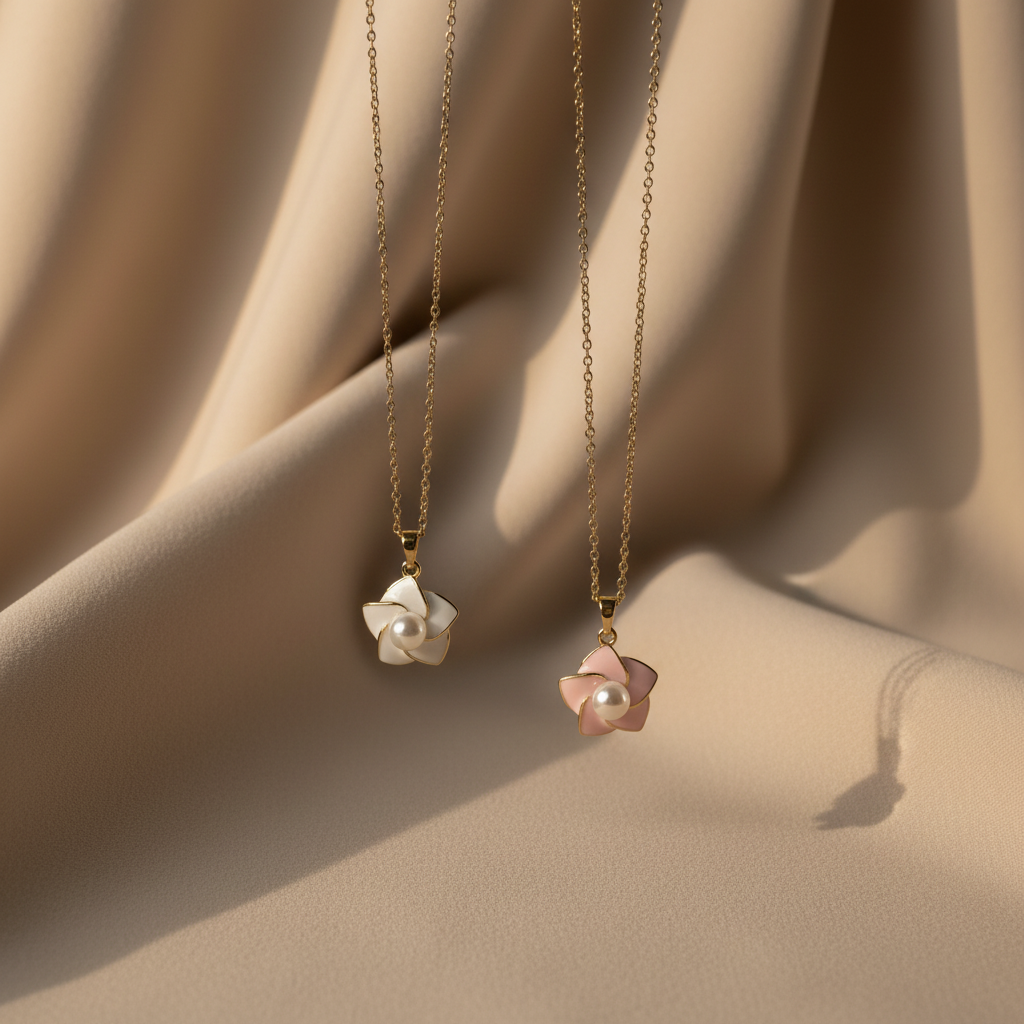 Pink Enamel Pearl Flower Necklace different colors by SVORA
