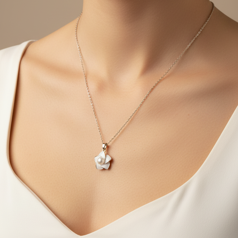 White Enamel Pearl Flower Necklace worn look by SVORA