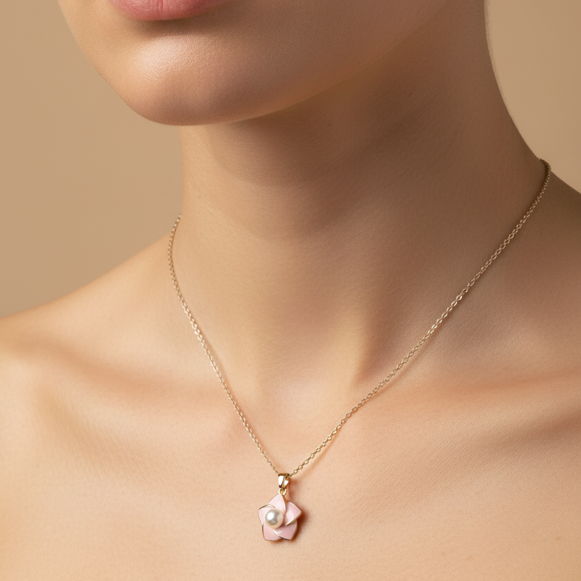 Pink Enamel Pearl Flower Necklace model view by SVORA