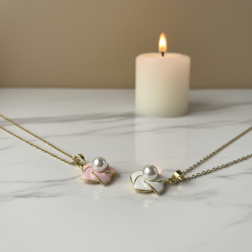 Pink Enamel Pearl Flower Necklace side view by SVORA