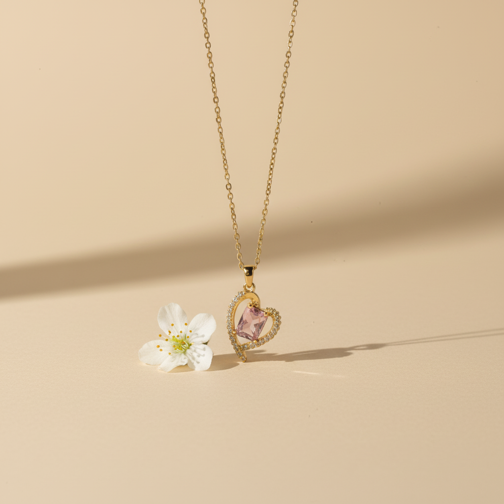 Heart Captured Rose Sapphire Necklace full view by SVORA