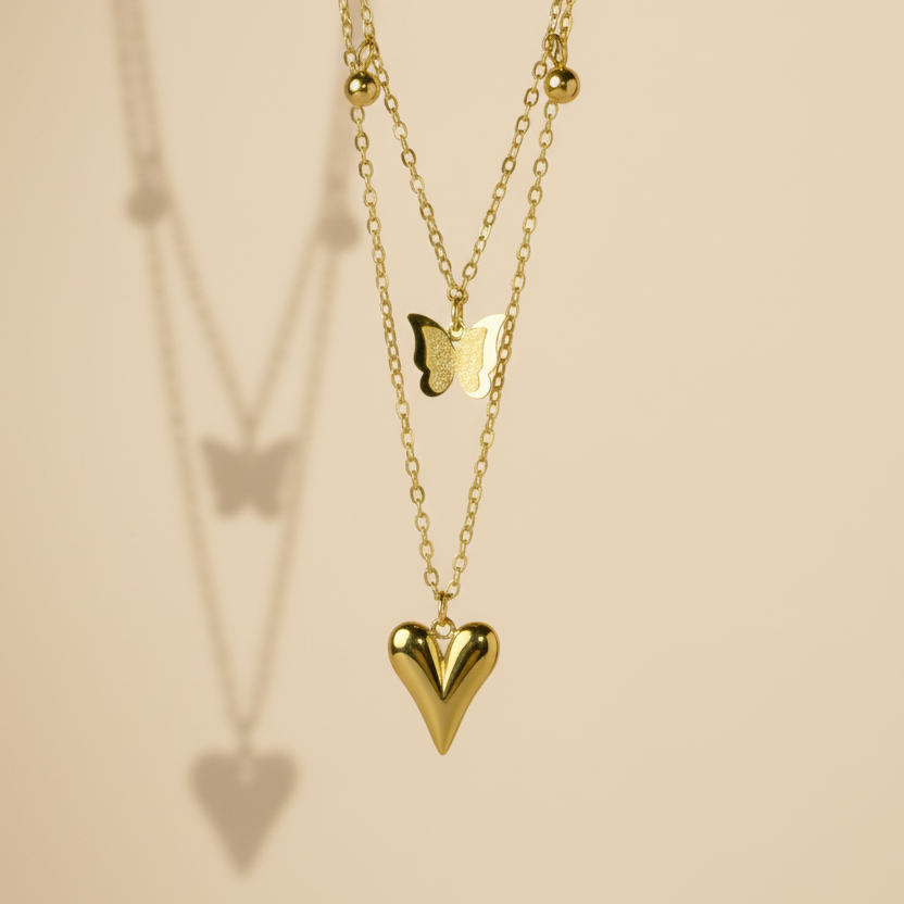 Puffy Heart Butterfly Charm Layered Necklace by SVORA