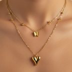 Puffy Heart Butterfly Charm Layered Necklace model view by SVORA
