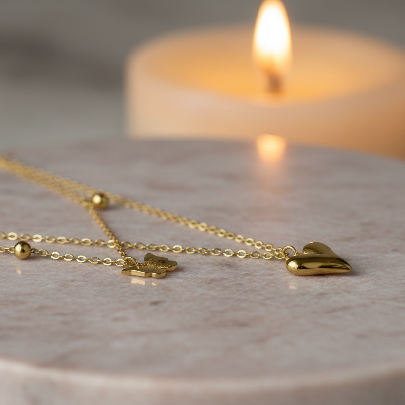 Puffy Heart Butterfly Charm Layered Necklace by SVORA