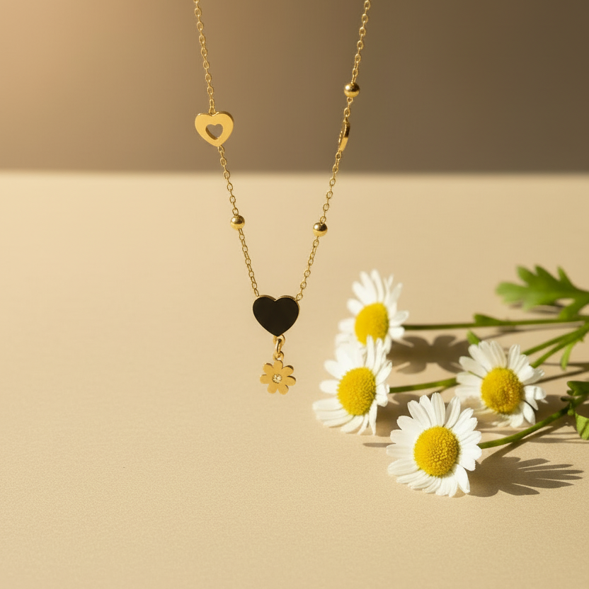 Black Enamel Heart Daisy Flower Drop Necklace close up by SVORA