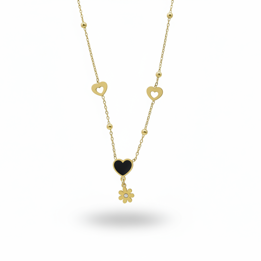 Black Enamel Heart Daisy Flower Drop Necklace by SVORA