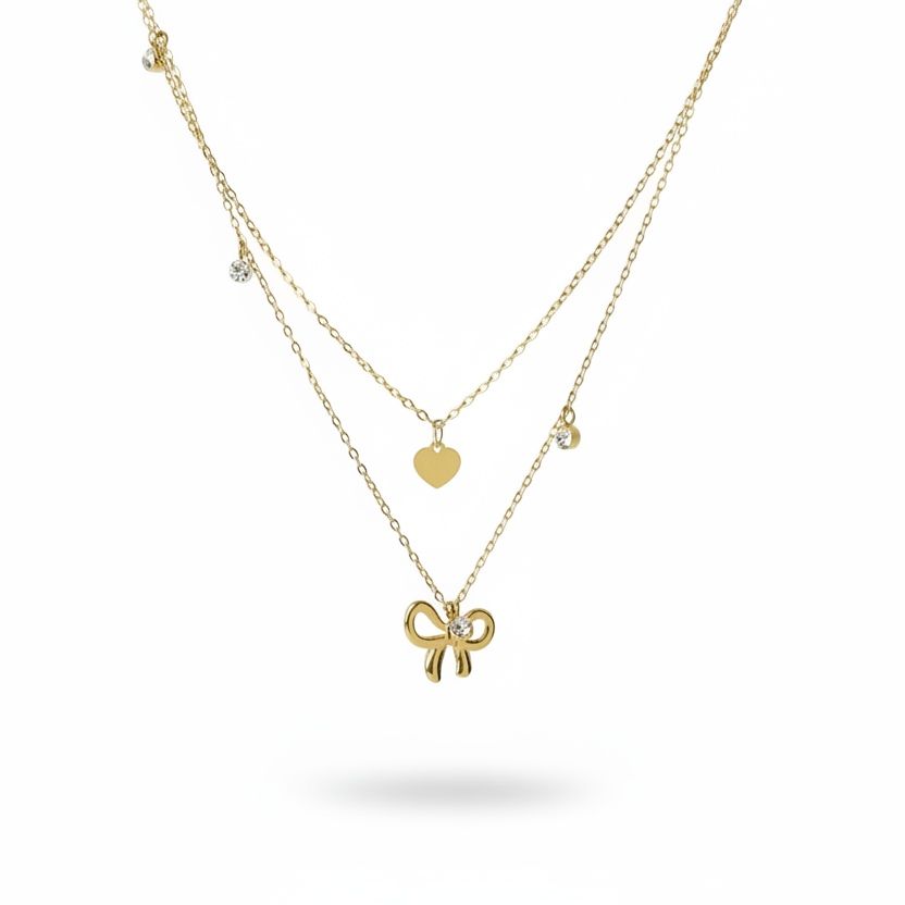 Bow and Heart With Solitare Charms Layered Necklace by SVORA