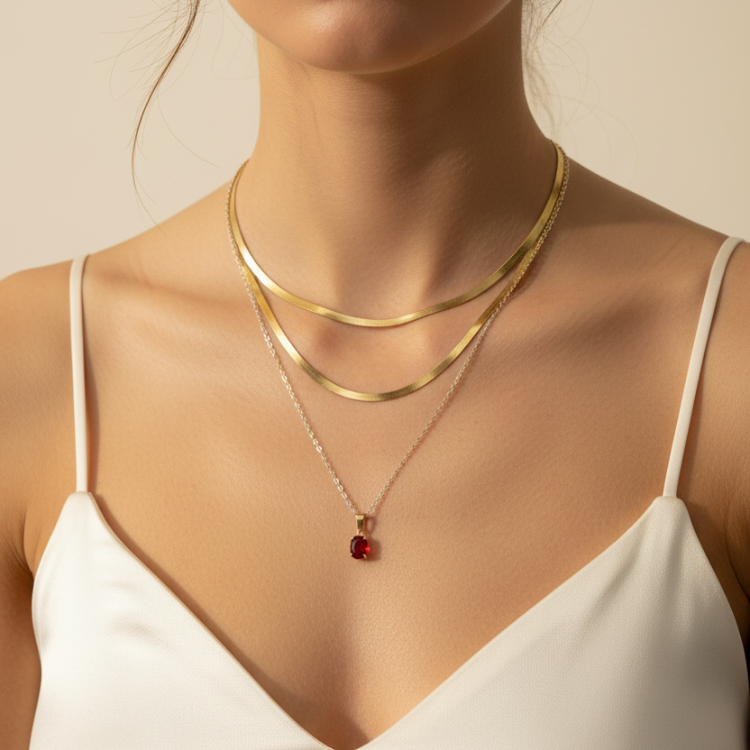 Ruby Red Stone Snake Chain Layered Necklace worn look by SVORA