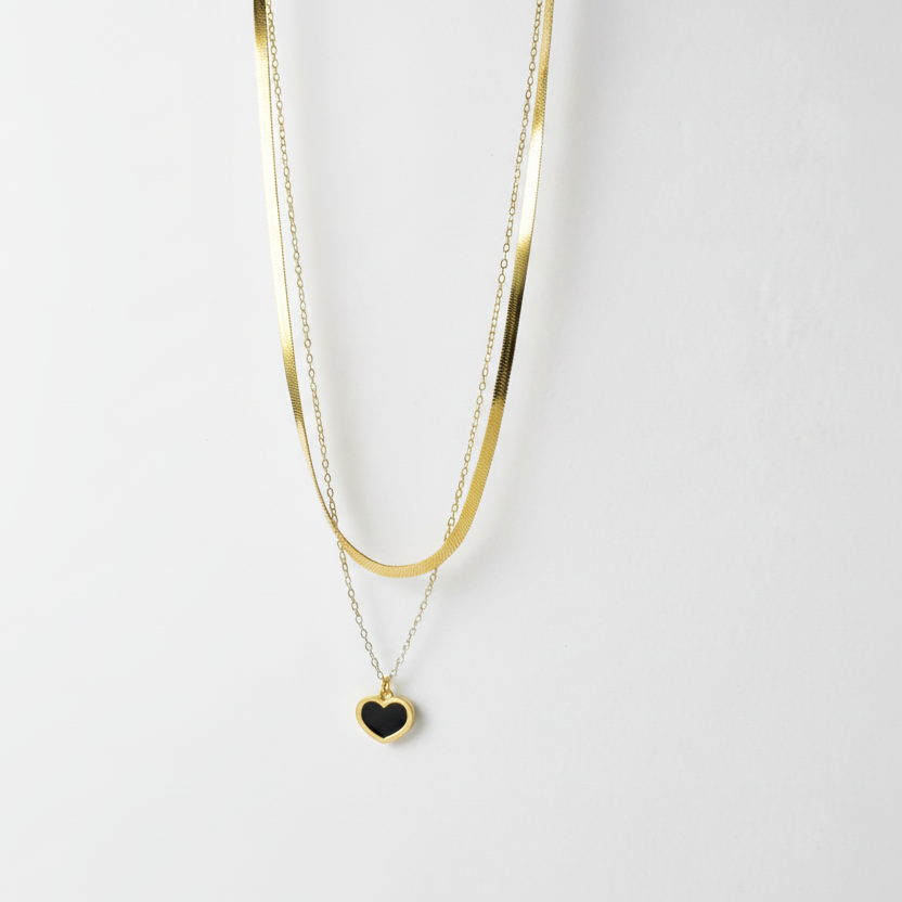 Black Enamel Heart Snake Chain Layered Necklace by SVORA