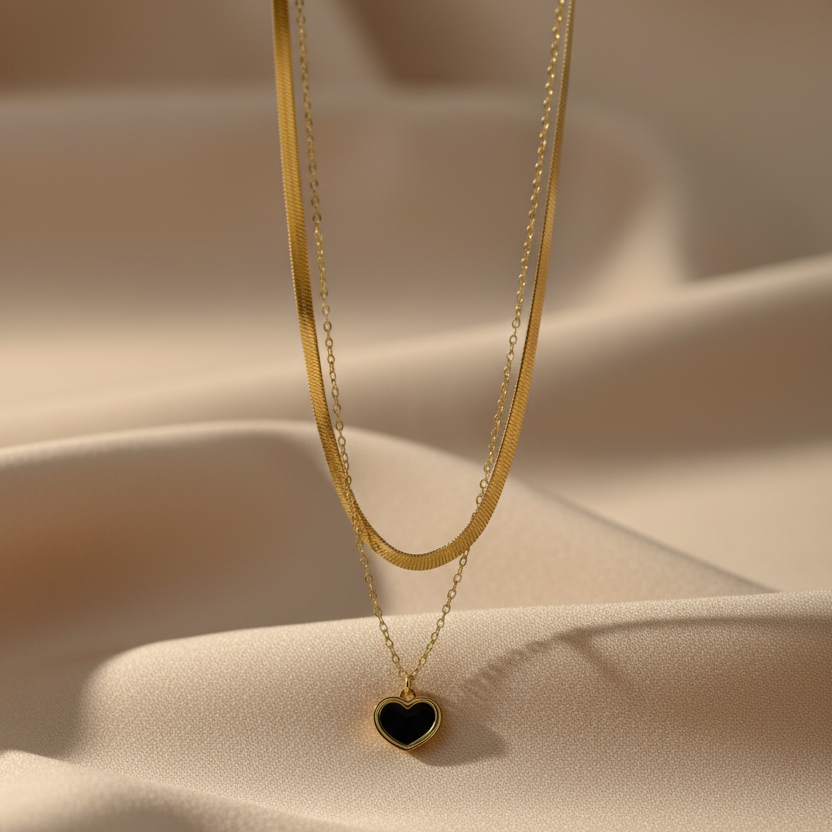 Black Enamel Heart Snake Chain Layered Necklace by SVORA