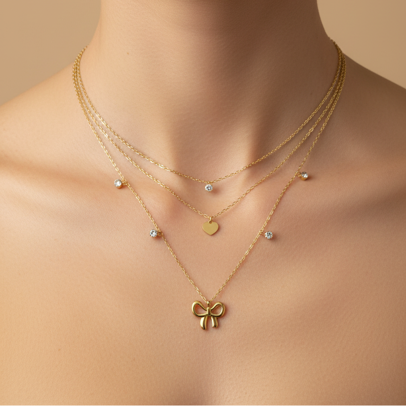 Bow and Heart With Solitare Charms Layered Necklace worn look by SVORA