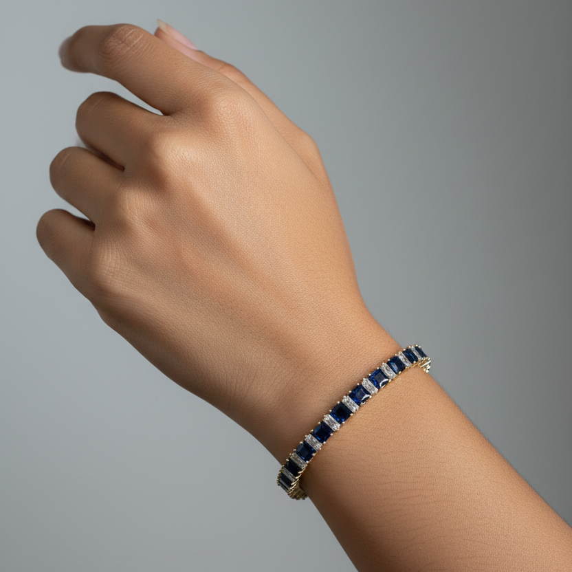Blue Sapphire Tennis Adjustable Bracelet model view by SVORA